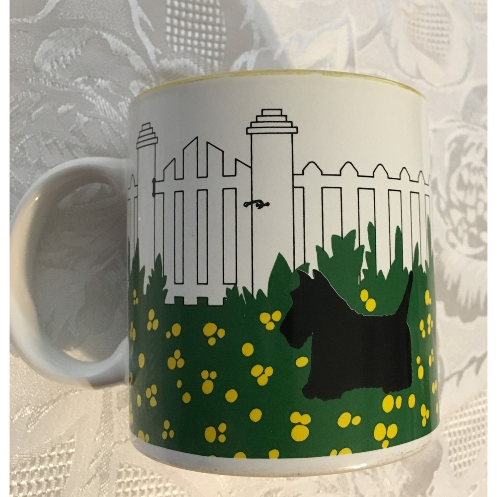Dept 56 SCOTTIE Mug Cup Black Terrier Dog White Picket Fence Yellow